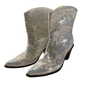 Helen's Heart Sequin Embellished Western Cowboy Boots Ivory Women's Size 9